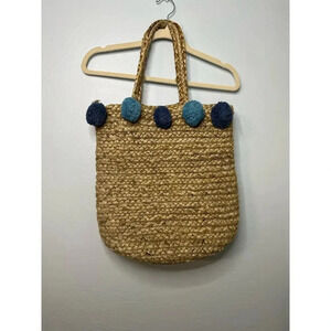 Straw Purse Shoulder Bag Blue Pom Poms Boho Summer Coastal Woven